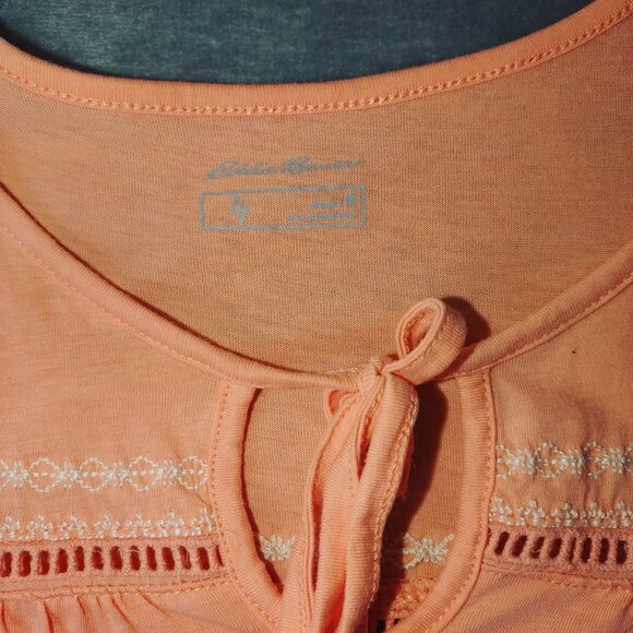Eddie Bauer Womens XL Orange Peasant Top‎ 3/4 Sleeve Tie Neck Cotton Tencel Boho - Picture 2 of 9